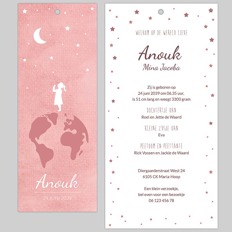 Stapelkaartje meisje op de wereld met touwtje Stapelkaartje meisje op de wereld met touwtje