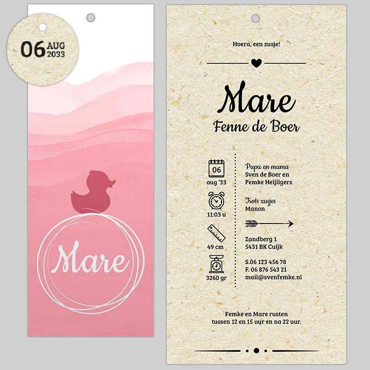 Roze stapelkaartje met eendje Roze stapelkaartje met eendje