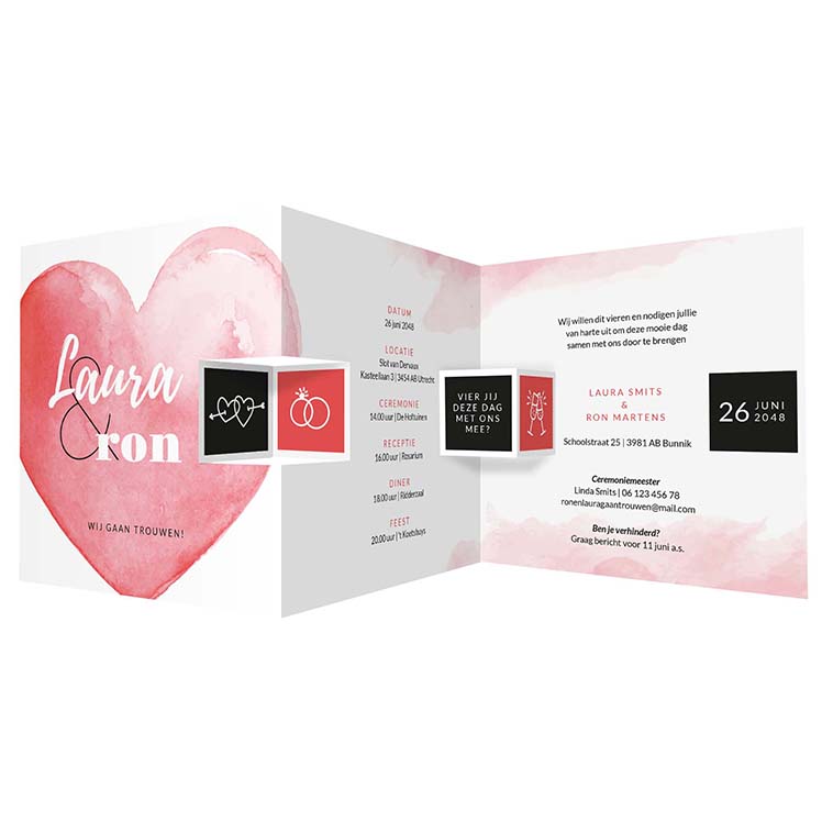 Drieluik trouwkaart met rood hart Drieluik trouwkaart met rood hart