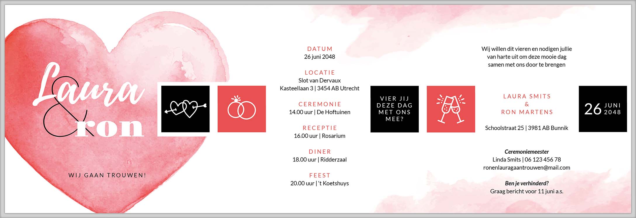Drieluik trouwkaart met rood hart Drieluik trouwkaart met rood hart