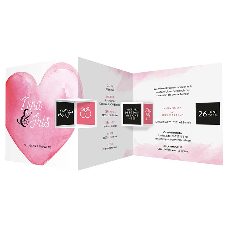Drieluik trouwkaart met roze hart Drieluik trouwkaart met roze hart