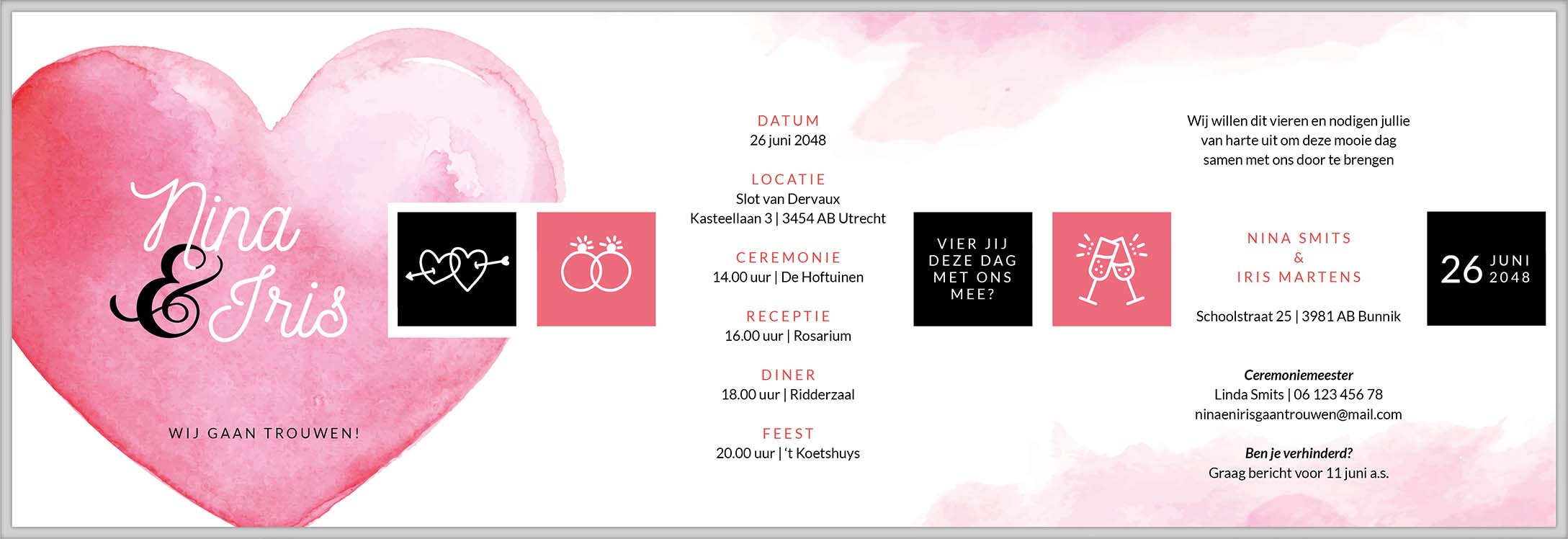 Drieluik trouwkaart met roze hart Drieluik trouwkaart met roze hart