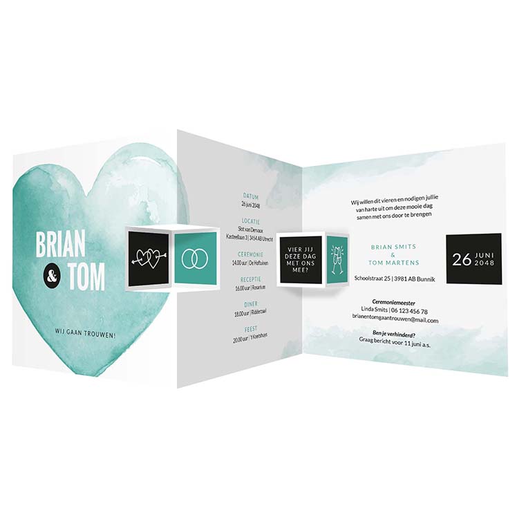 Drieluik trouwkaart met turquoise hart Drieluik trouwkaart met turquoise hart