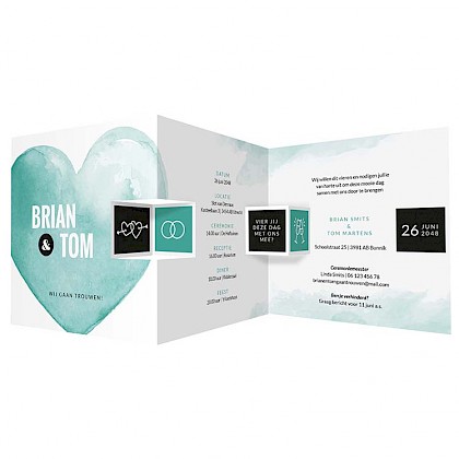 Drieluik trouwkaart met turquoise hart