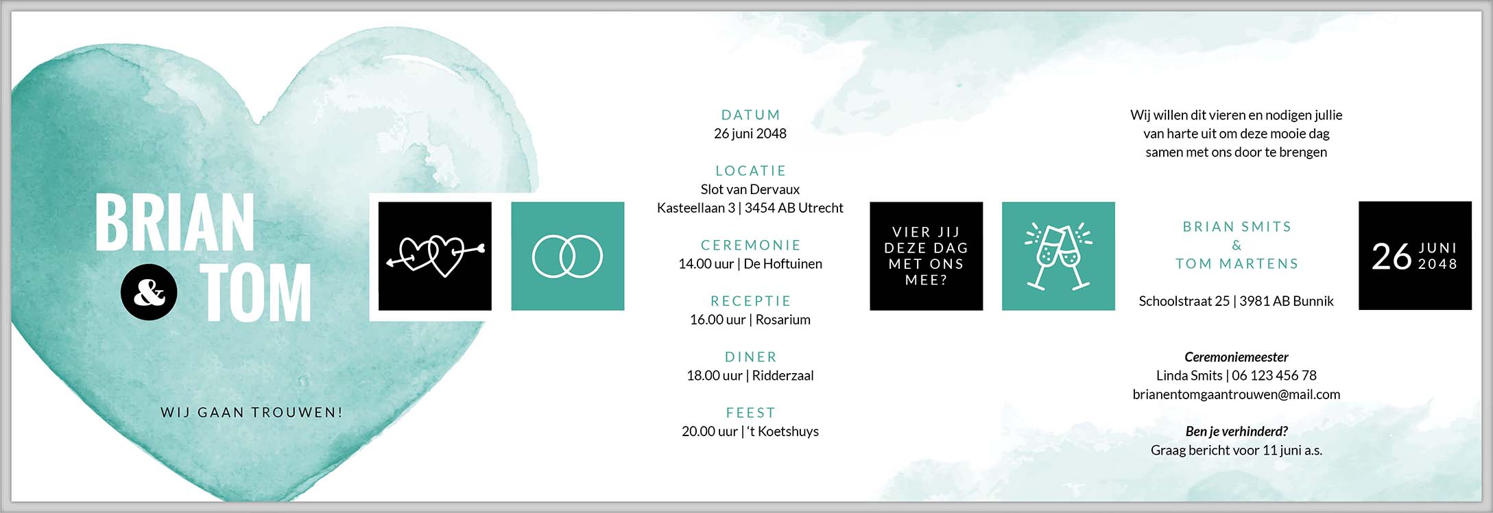 Drieluik trouwkaart met turquoise hart Drieluik trouwkaart met turquoise hart