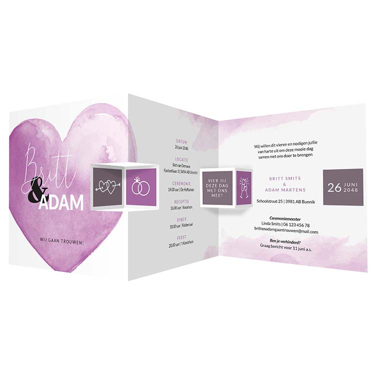 Drieluik trouwkaart met paars hart