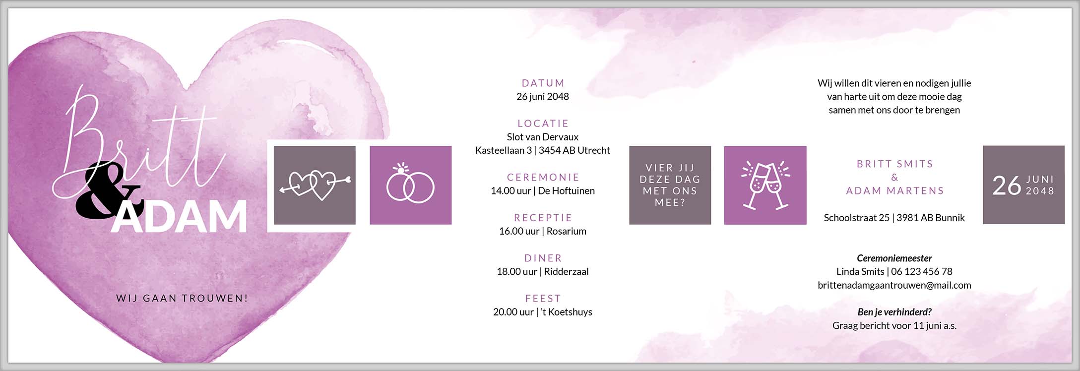 Drieluik trouwkaart met paars hart Drieluik trouwkaart met paars hart