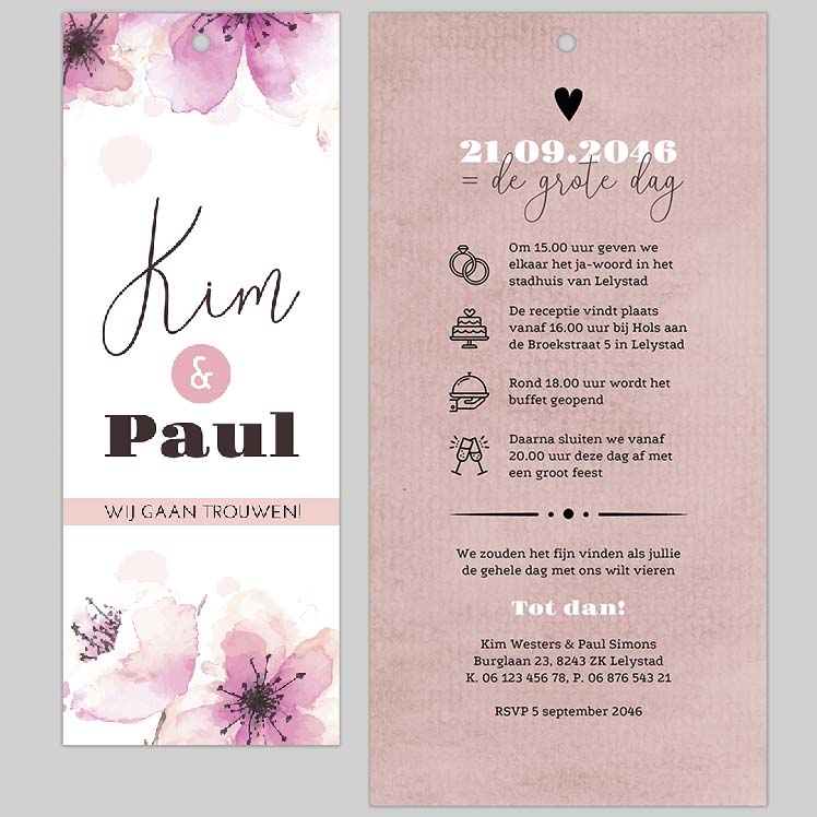 Trouwkaart stapelkaartje met bloemen Trouwkaart stapelkaartje met bloemen