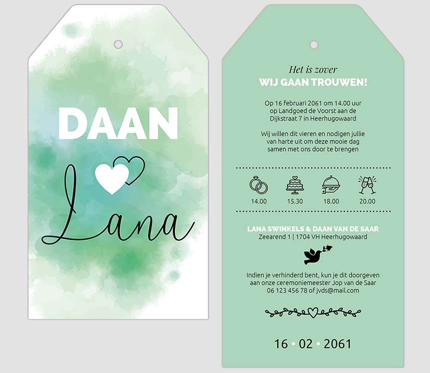Trouwkaart label met waterverf mintgroen Trouwkaart label met waterverf mintgroen