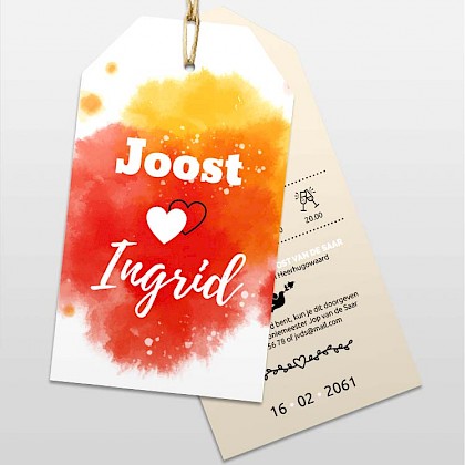 Trouwkaart label met waterverf  rood/geel Trouwkaart label met waterverf  rood/geel