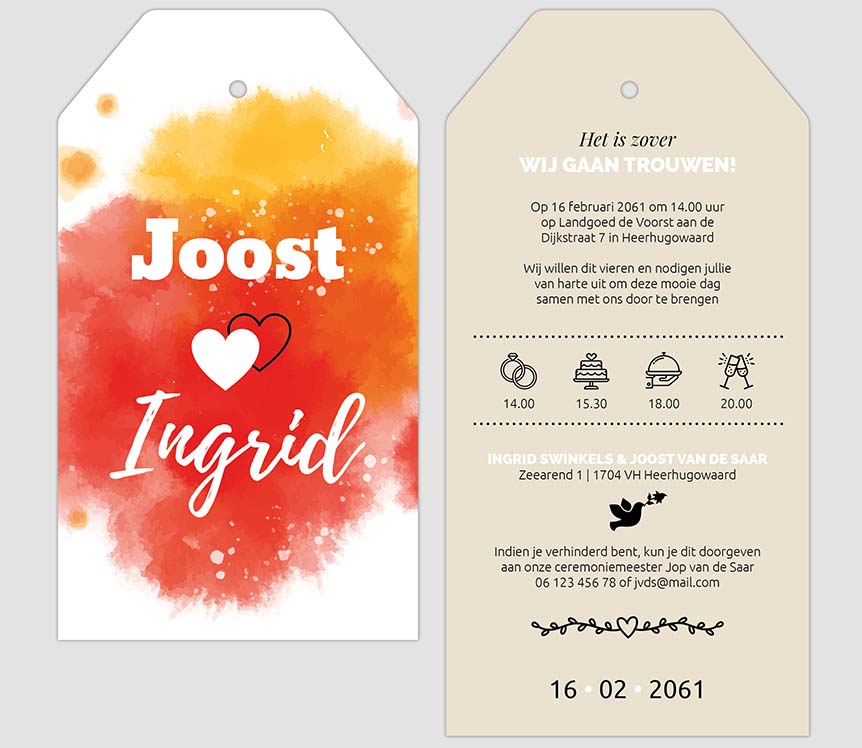 Trouwkaart label met waterverf rood/geel Trouwkaart label met waterverf rood/geel