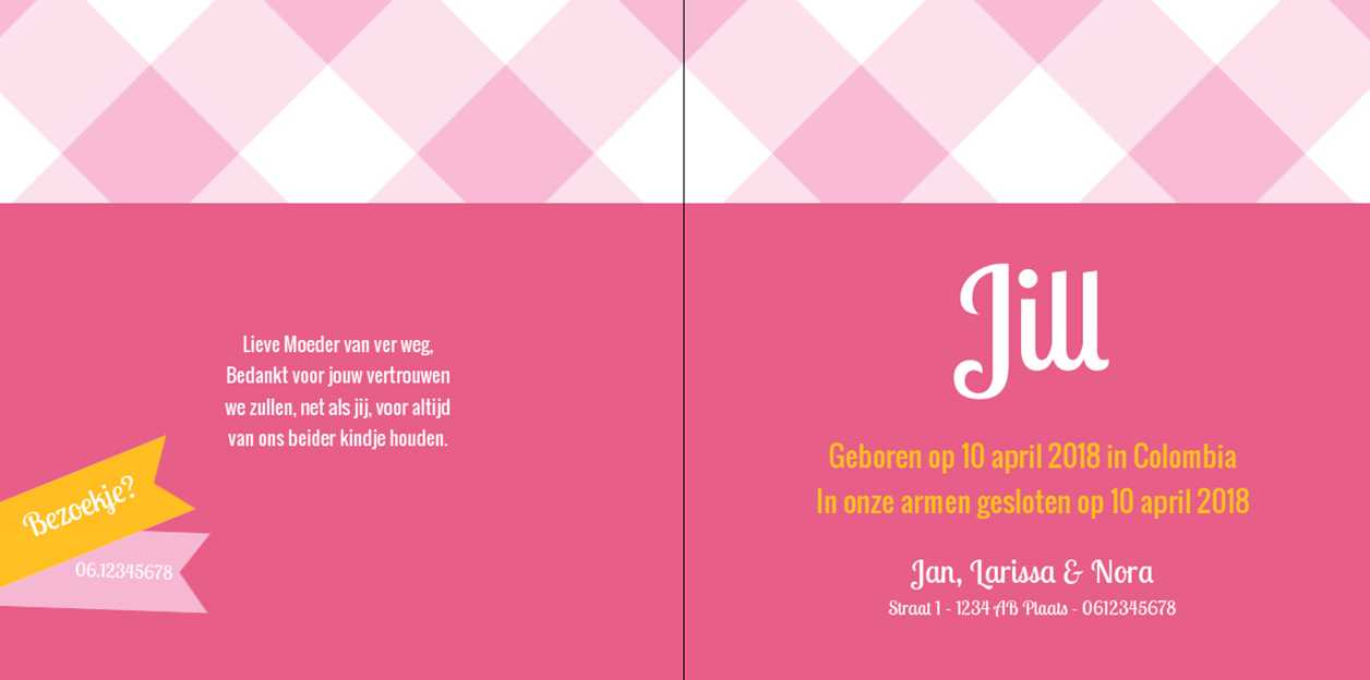 Gevouwen adoptiekaart "Baby in vaantje roze" Gevouwen adoptiekaart "Baby in vaantje roze"