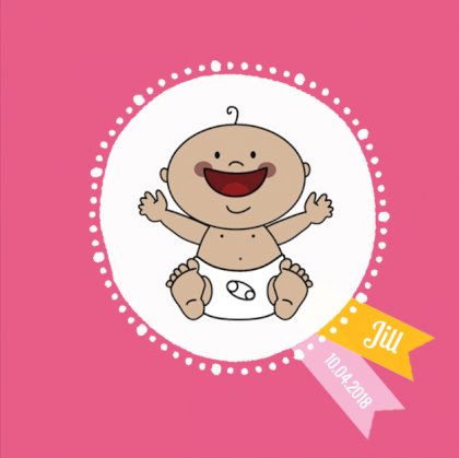 Gevouwen adoptiekaart "Baby in vaantje roze" Gevouwen adoptiekaart "Baby in vaantje roze"