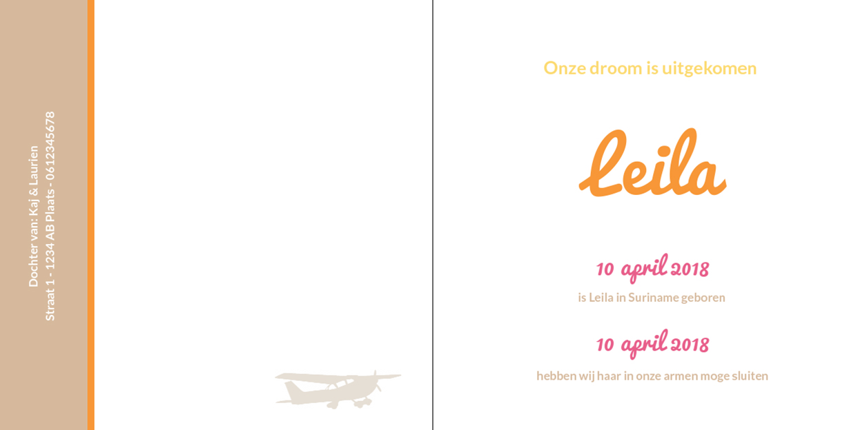 Gevouwen adoptiekaart "Vliegtuig blokjes meisje" Gevouwen adoptiekaart "Vliegtuig blokjes meisje"