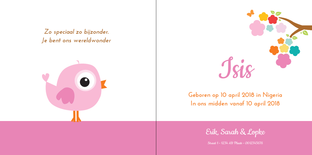 Gevouwen adoptiekaart "Roze vogeltje" Gevouwen adoptiekaart "Roze vogeltje"