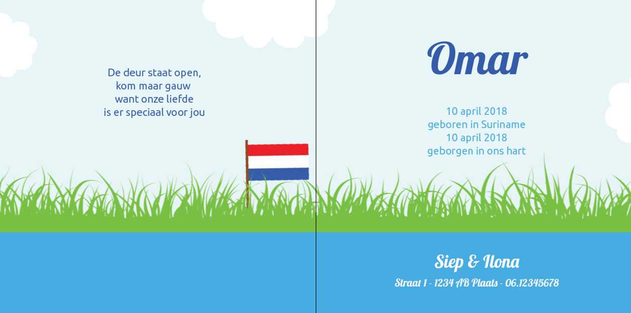 Gevouwen adoptiekaart "In het gras blauw" Gevouwen adoptiekaart "In het gras blauw"