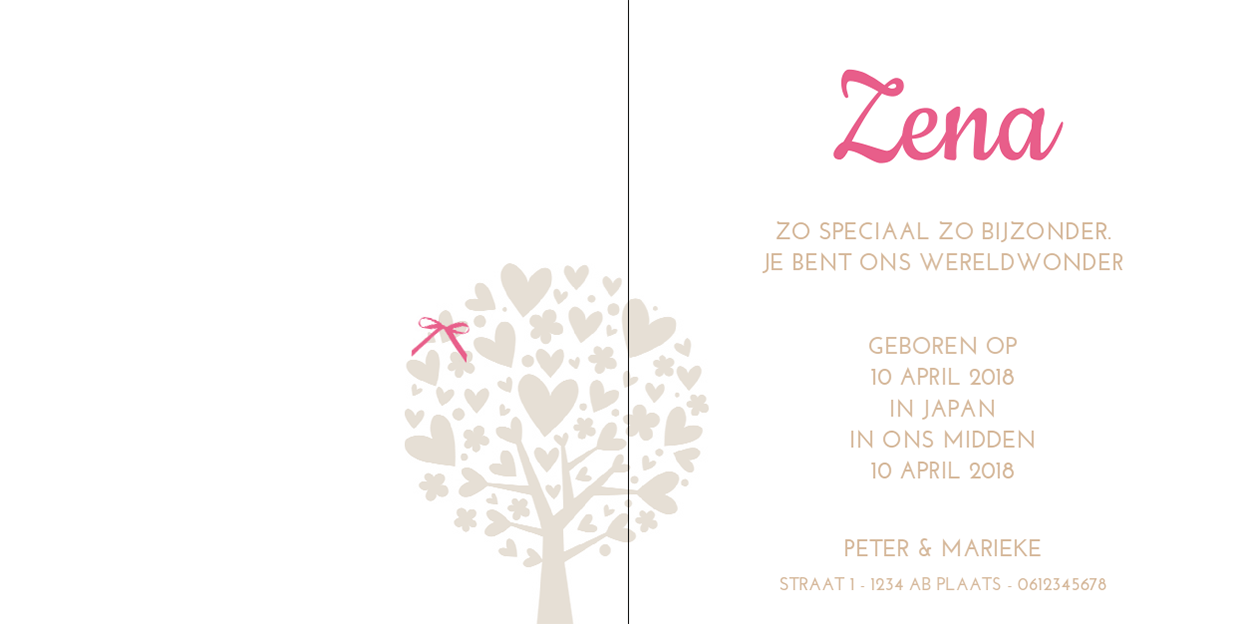 Gevouwen adoptiekaart "Hartjesboom" Gevouwen adoptiekaart "Hartjesboom"