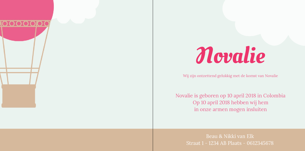 Gevouwen adoptiekaart "Roze luchtballon" Gevouwen adoptiekaart "Roze luchtballon"