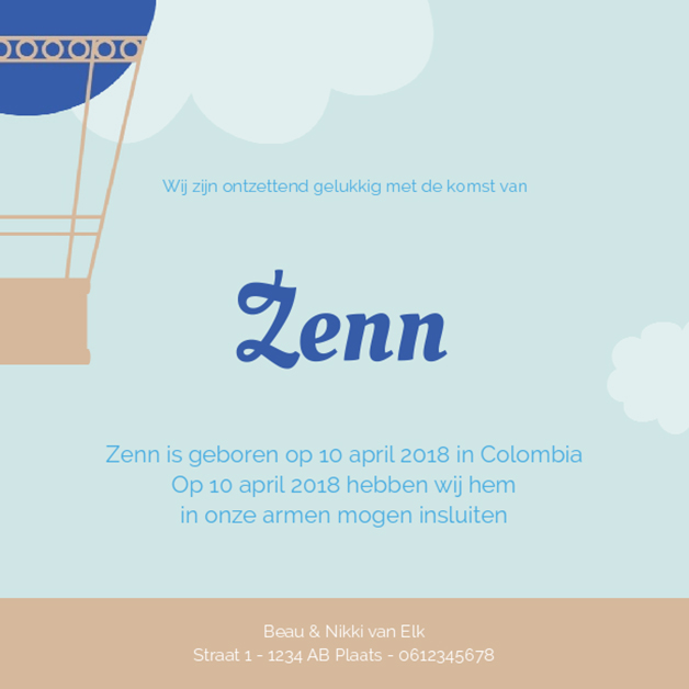 Gevouwen adoptiekaart "Blauwe luchtballon" Gevouwen adoptiekaart "Blauwe luchtballon"