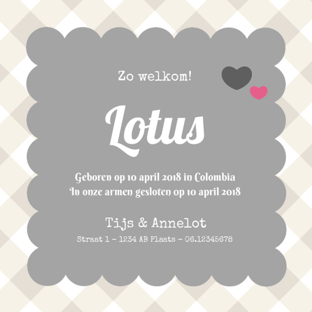 Adoptiekaartje "Grijs ruitje roze hartje" Adoptiekaartje "Grijs ruitje roze hartje"