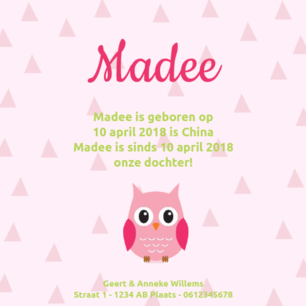 Adoptiekaartje "Uiltje roze" Adoptiekaartje "Uiltje roze"