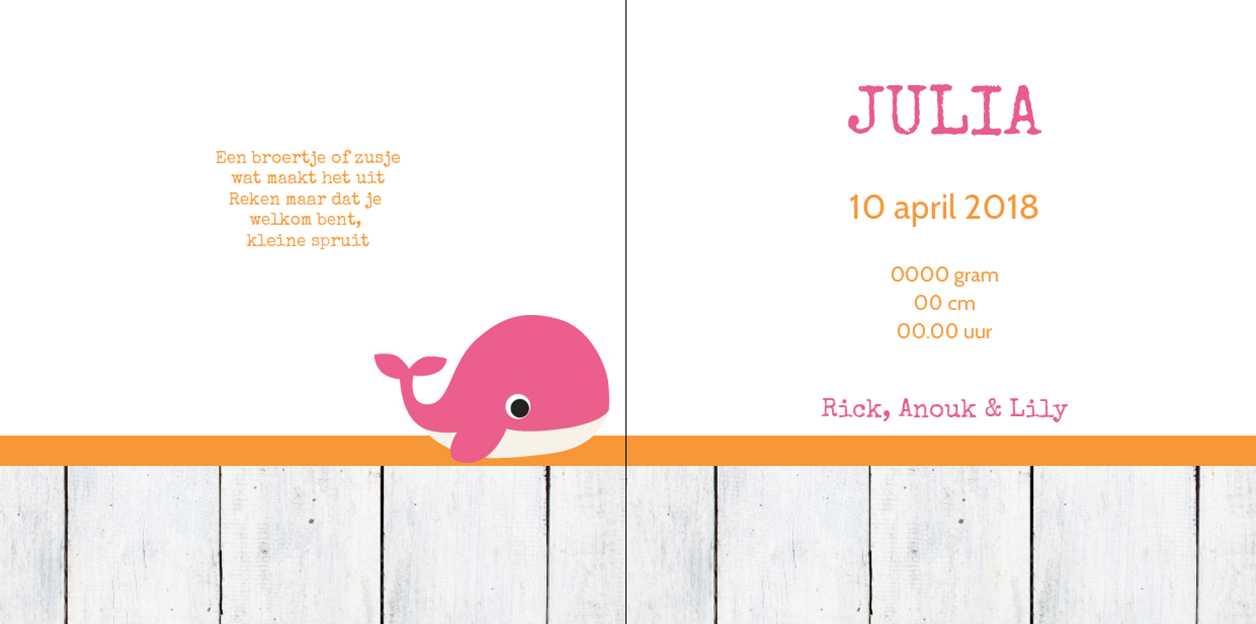 Gevouwen kaart "Roze walvis op hout" Gevouwen kaart "Roze walvis op hout"