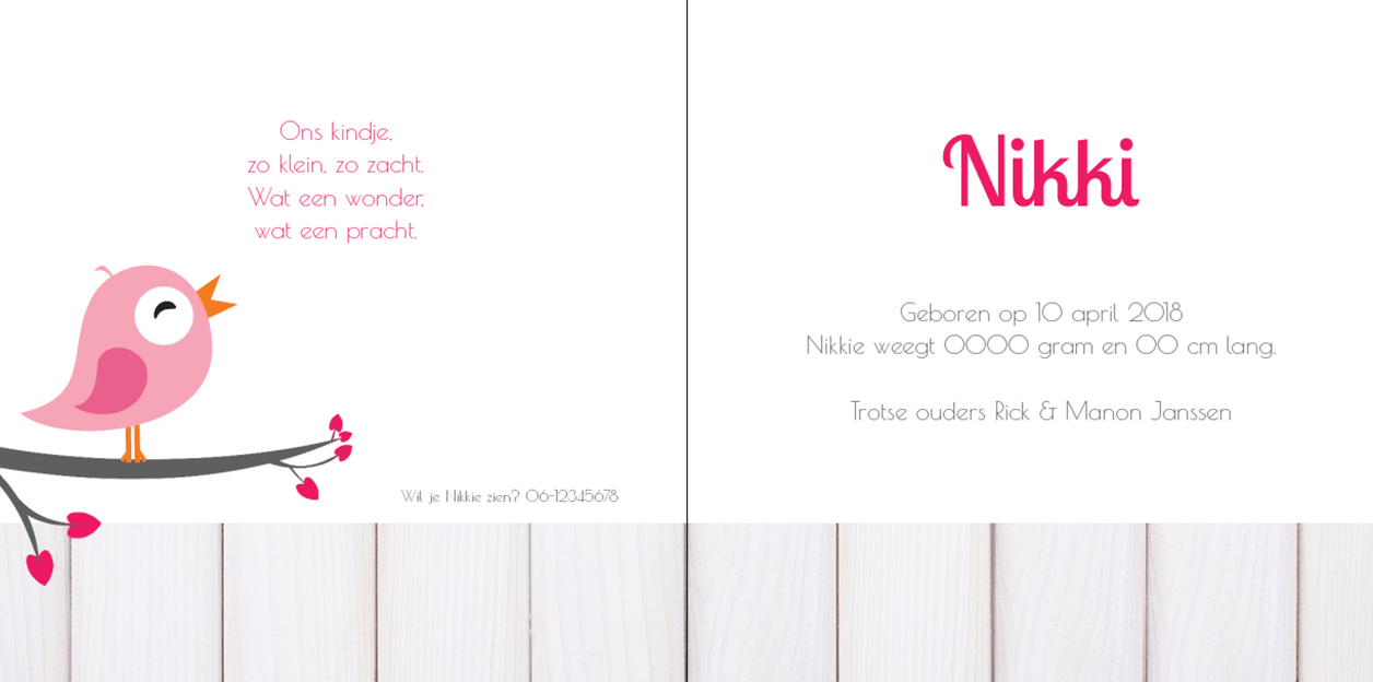 Gevouwen kaart "Foto & Roze vogeltje" Gevouwen kaart "Foto & Roze vogeltje"