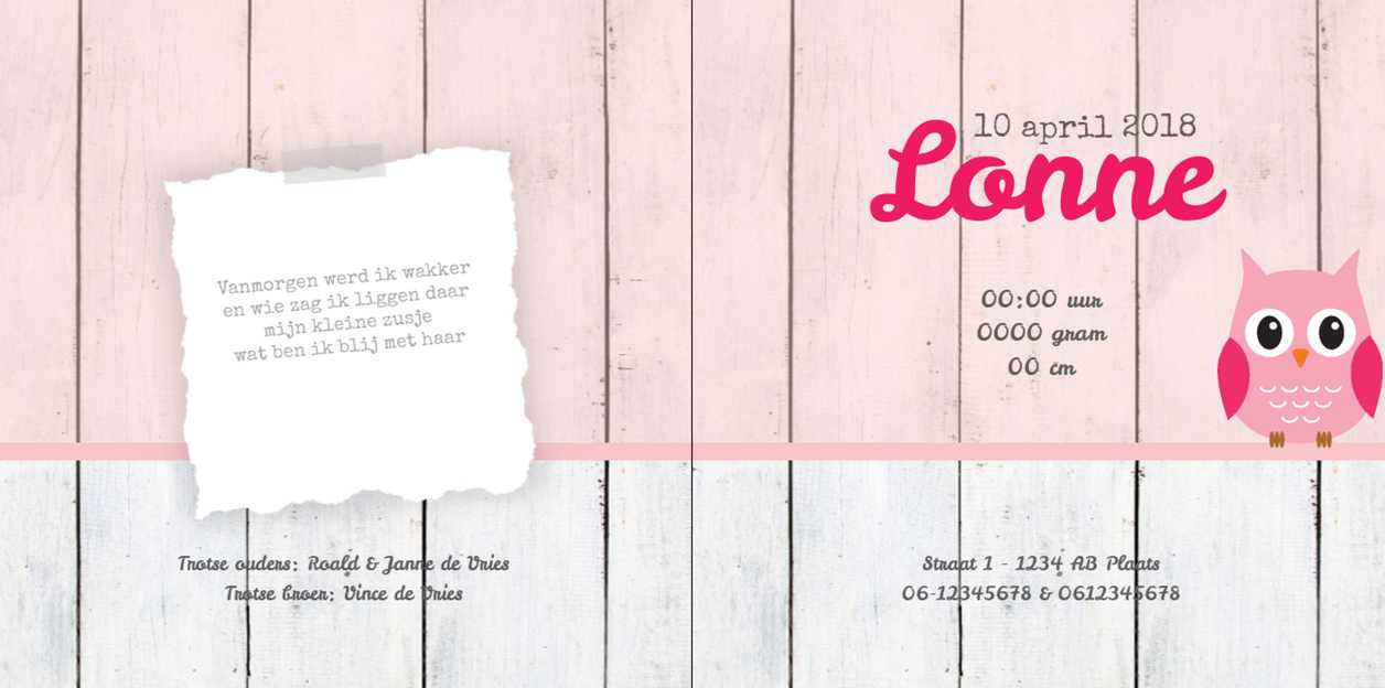 Gevouwen kaart "Foto & Roze uiltje op hout" Gevouwen kaart "Foto & Roze uiltje op hout"