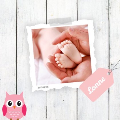 Gevouwen kaart "Foto & Roze uiltje op hout"