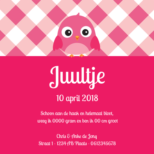 Kaartje "Foto & Roze ruitjes en vogeltje Kaartje "Foto & Roze ruitjes en vogeltje