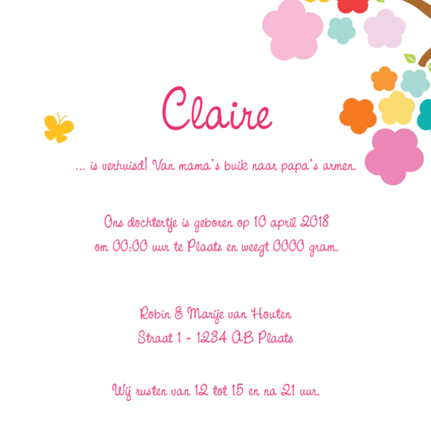 Kaartje "Foto & Roze vogeltje op tak" Kaartje "Foto & Roze vogeltje op tak"