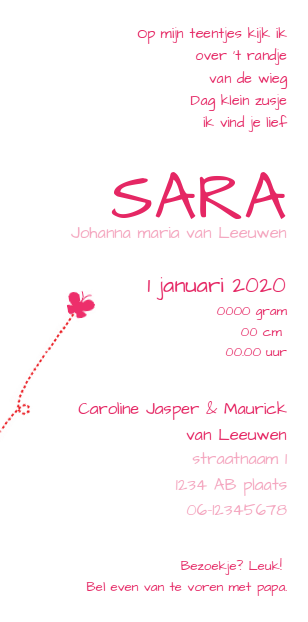 Kaartje "Klein zusje roze" Kaartje "Klein zusje roze"