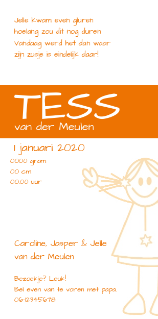 Kaartje "Getekend zusje oranje" Kaartje "Getekend zusje oranje"