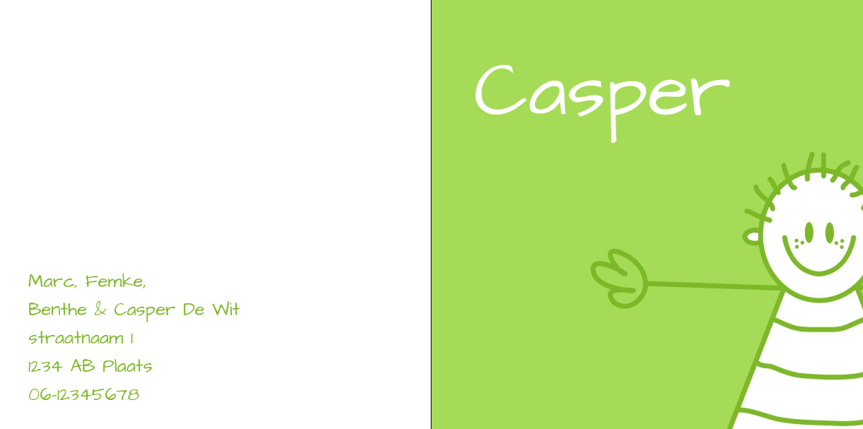 Gevouwen kaart "Getekend jongetje groen" Gevouwen kaart "Getekend jongetje groen"