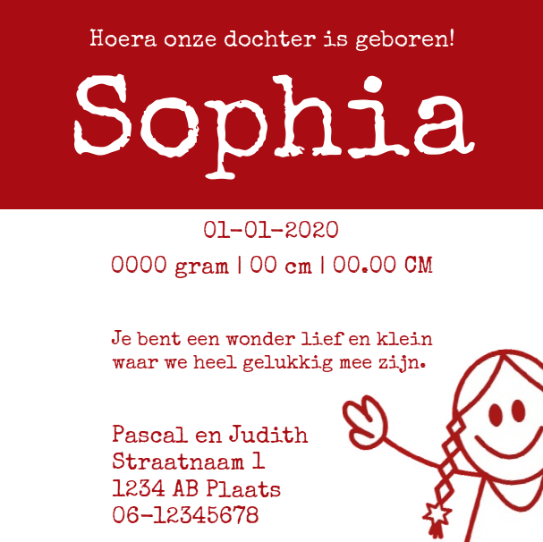 Kaartje "Getekend meisje rood" Kaartje "Getekend meisje rood"