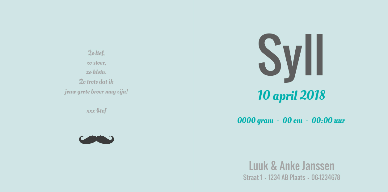 Gevouwen kaart "Snorretje met blauwe stipjes" Gevouwen kaart "Snorretje met blauwe stipjes"