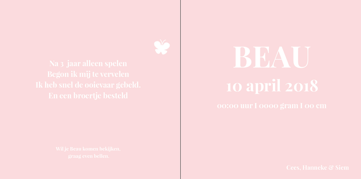 Gevouwen kaart "Roze & Vlindertje" Gevouwen kaart "Roze & Vlindertje"