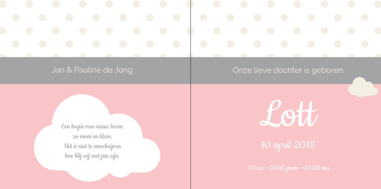 Gevouwen kaart "Wolkjes roze" Gevouwen kaart "Wolkjes roze"