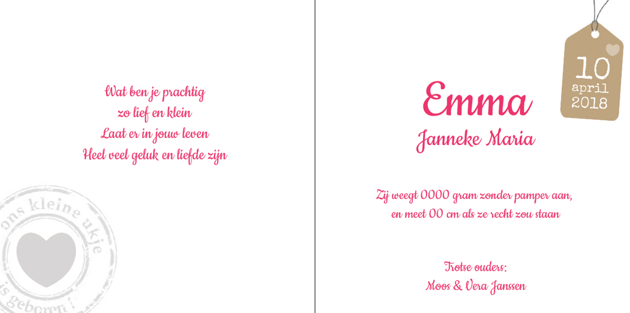 Gevouwen kaart "Label & Roze" Gevouwen kaart "Label & Roze"