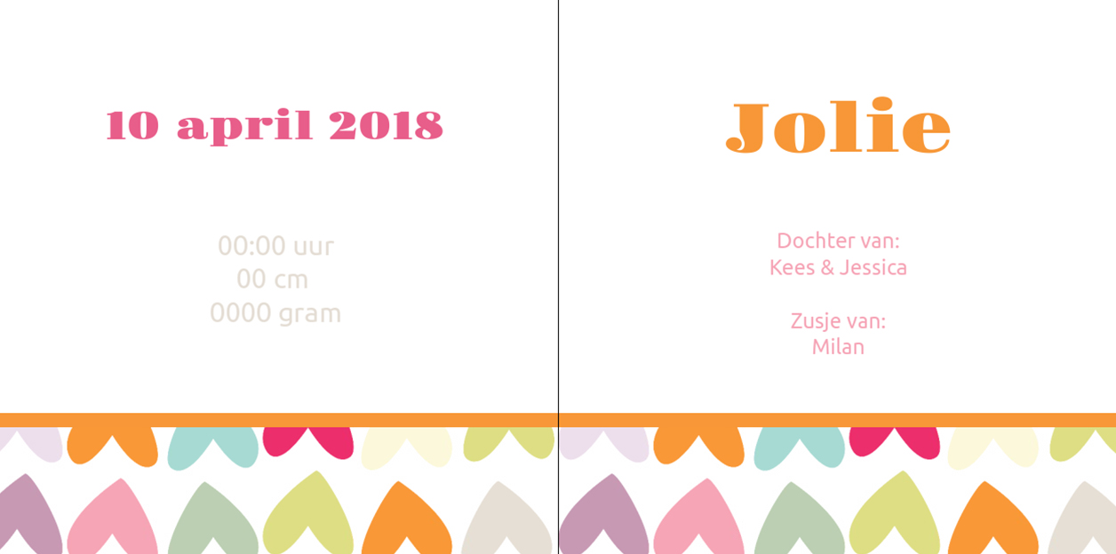 Gevouwen kaart "Gekleurde hartjes" Gevouwen kaart "Gekleurde hartjes"