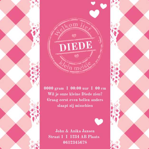 Kaartje "Roze ruitjes & Kant" Kaartje "Roze ruitjes & Kant"