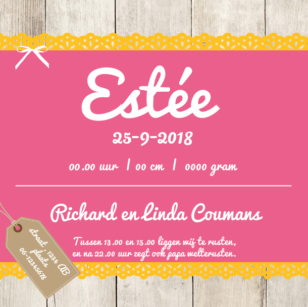 Kaartje "Roze met geel kant & Hout" Kaartje "Roze met geel kant & Hout"