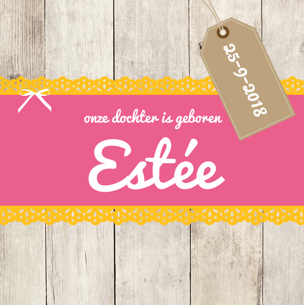 Kaartje "Roze met geel kant & Hout" Kaartje "Roze met geel kant & Hout"