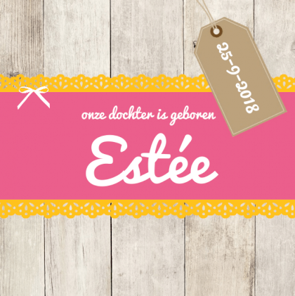 Kaartje "Roze met geel kant & Hout"