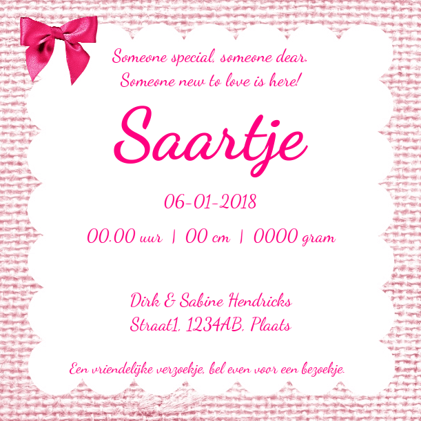 Kaartje "Foto & Roze strikje op linnen" Kaartje "Foto & Roze strikje op linnen"