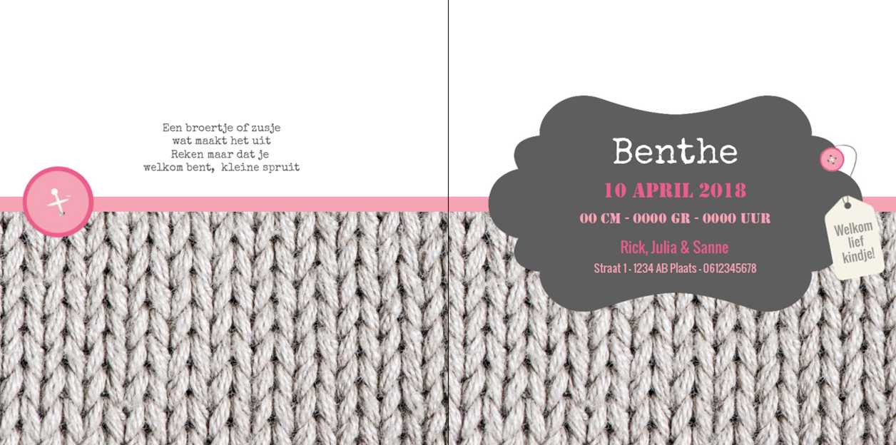 Gevouwen kaart "Breiwerk roze" Gevouwen kaart "Breiwerk roze"