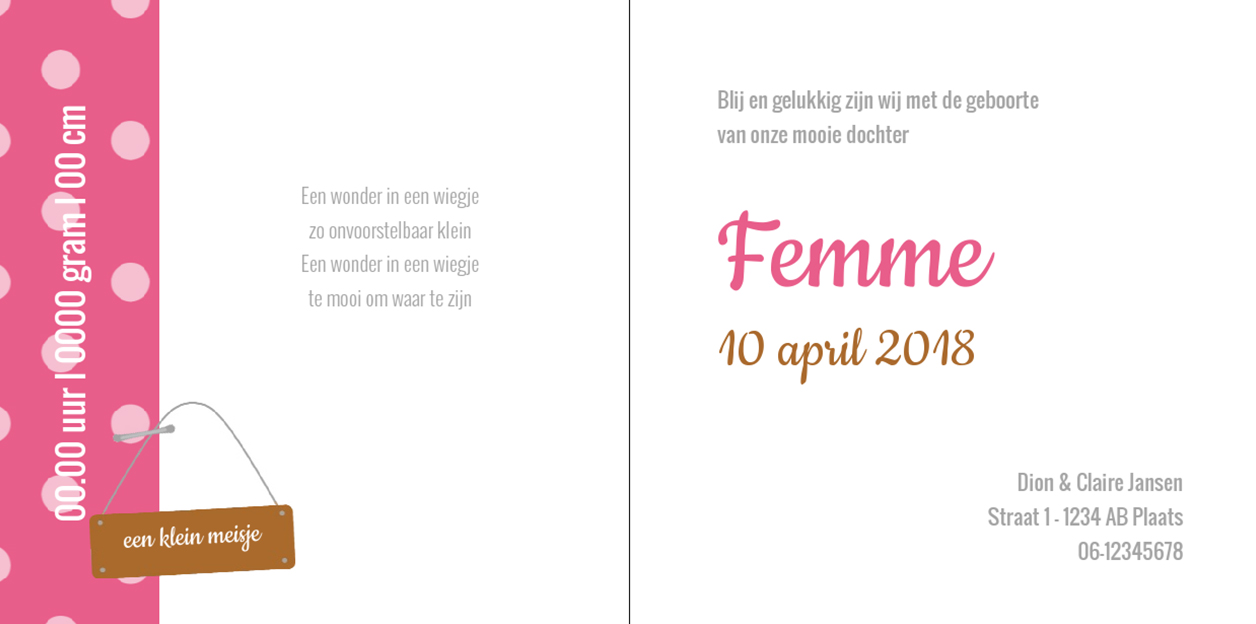 Gevouwen kaart "Roze stipjes" Gevouwen kaart "Roze stipjes"