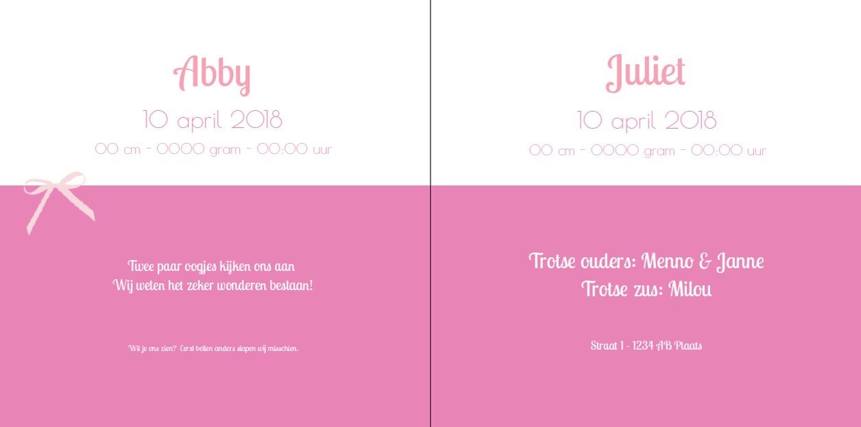 Kaart tweeling "Roze vogeltje in roze ring" Kaart tweeling "Roze vogeltje in roze ring"