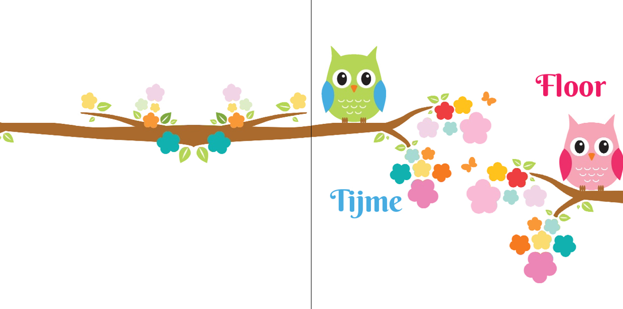 Kaart tweeling "vogeltjes op een tak met bloemen" Kaart tweeling "vogeltjes op een tak met bloemen"