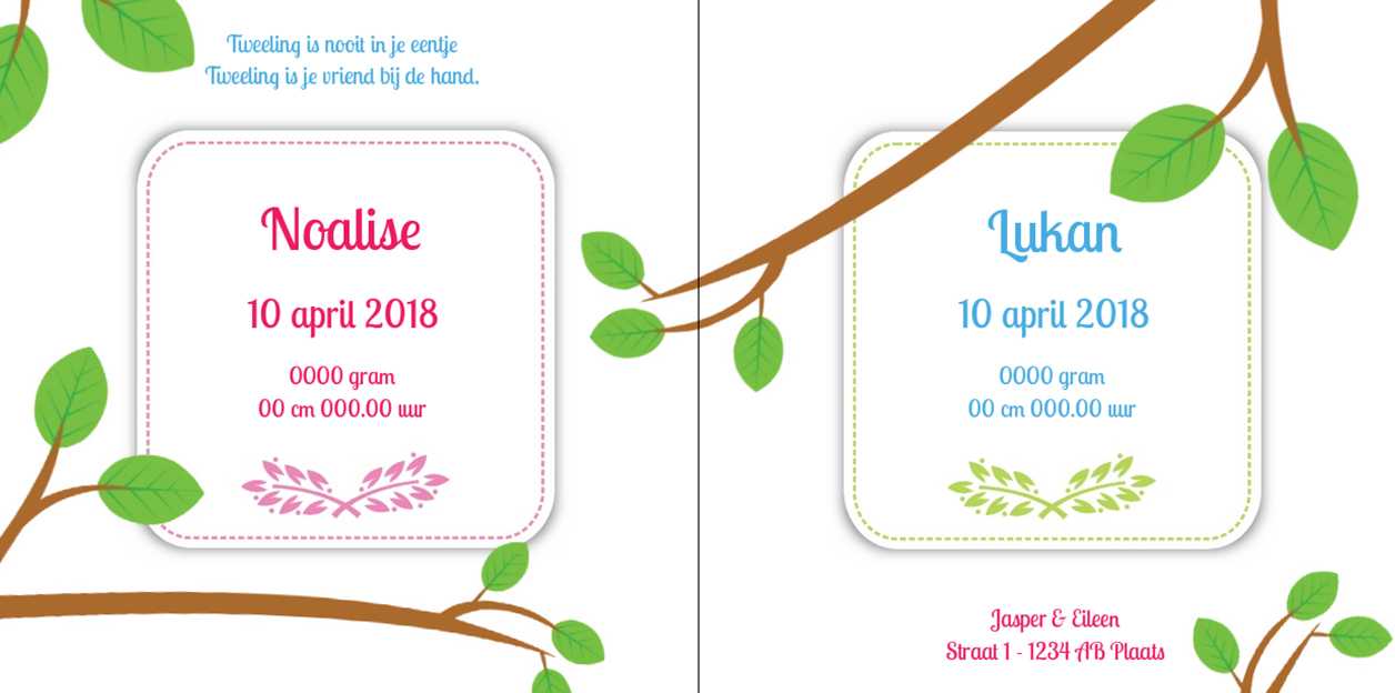 Kaartje tweeling "twee vogeltjes in boom" Kaartje tweeling "twee vogeltjes in boom"